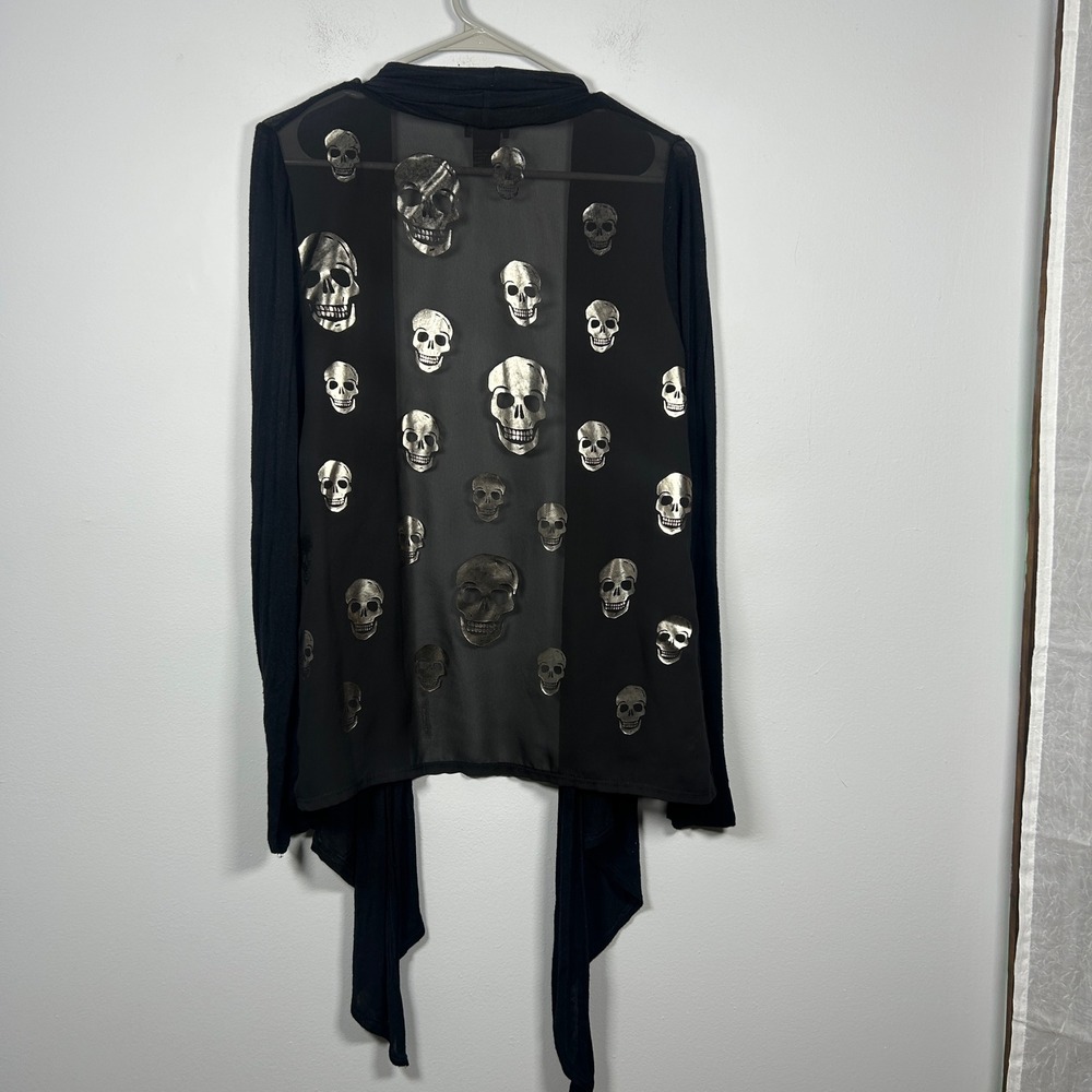Wet Seal Cardigan L Black Skull Sheer Back Open Front Y2K Goth Grunge Halloween